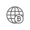 Global world with bitcoin coin, blockchain, crypto network line icon.