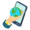 Globalization concept icon isometric vector. Hand holding planet and smartphone