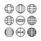 Globe black line icons pack isolated on white. Earth sphere sign internet world collection. Simple globe network circle planet