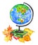 Globe, book and autumn leaves. Back to school composition. Hand drawn watercolor illustration