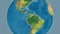 Globe centered on Colombia neighborhood. Topographic map