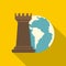 Globe Earth and chess rook icon, flat style