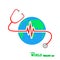 Globe Earth with stethoscope and Heartbeat sign. Vector Illustration