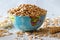 Globe filled with grain, concept of global food scarcity and hunger, export and import cereal