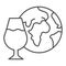 Globe and glass of wine thin line icon. Imported wine with planet outline style pictogram on white background. Winery