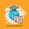 Globe with graduation cap and opened book. Modern concept of global education, international student exchange program