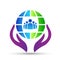 Globe and hands people logo icon concept save and care earth and people on white background