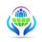 Globe and hands people logo icon concept save and care earth and people on white background