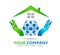 Globe holding hands house community model abstract, Healthcare icon in hands real estate logo vector.