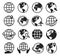 Globe icons. Internet web icon with globe, cursor, arrow. Global plane travel, world map. International communication