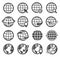 Globe icons set. World earth, worldwide map continents spherical planet, internet global communication pictograms