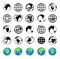 Globe icons. World on sphere. Global earth map. Planets with symbols of internet, arrow and travel on plane. Simple graphic with