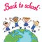 Globe kids. Earth day. Pupil school jumping Vector illustration Children Holding Hands.