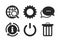 Globe magnifier glass and gear signs. Vector