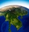 Globe map of Asia, satellite view, geographical map, physics. Cartography, relief atlas. 3d render. Thailand, Laos, China