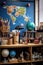 a globe, microscope, and other classroom learning tools on a shelf
