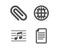 Globe, Paper clip and Musical note icons. File sign. Internet world, Attach paperclip, Music. Paper page. Vector