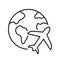 Globe with Plane Line Icon. Travel Around World Linear Pictogram. Airplane with Planet Earth Outline Symbol. Air