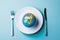 Globe on a plate for food on a blue background. Power, economy, politics, globalism, hunger, poverty and world food concept