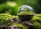 a globe resting on a rock covered with green moss