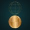 Globe round vector icon. Gradient gold metal with dark background