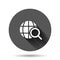 Globe search icon in flat style. Network navigation vector illustration on black round background with long shadow effect. Global
