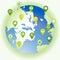 Globe showing a set of pinpoint icons of bio eco environmental s