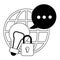 Globe, speech bubble, light bulb and padlock in black and white