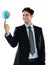 Globe spinning, business employee and man of global employee with earth, planet and sphere. Manager smile, international
