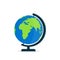 Globe with stand. World on globus for classroom and school. Icon of map on desk. Model of earth with axis. Flat globe isolated on