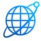 Globe symbol icon with orbit and satellite - blue gradient, isolated - vector