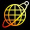 Globe symbol icon with orbit and satellite - white yellow orange red gradient, isolated - vector