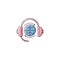 Globe symbol wearing headphones, flat icon of global Earth music broadcasting system