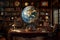 A globe in a vintage dimly lit study, surrounded by antique books, maps, and scholarly artifacts