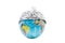 Globe wearing a tin foil hat, isolated on white background, concept conspiracy theory and paranoia