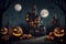 Gloomy castle with smiling pumpkins at Halloween night. Generative AI