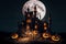 Gloomy castle with smiling pumpkins at Halloween night. Generative AI