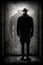 A gloomy dark concept of a dark figure of a man shrouded in fog and standing with his back to the camera. Generative AI