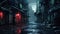 Gloomy dark street in cyberpunk city in rain, dirty wet alley with garbage. Moody view of old spooky futuristic buildings at night