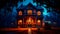 A gloomy mansion where a glowing Halloween pumpkin lantern draws attention with huge black spiders