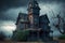 gloomy mysterious abandoned house with tower and porch in front of entrance