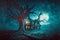 Gloomy mysterious abandoned house among trees at night