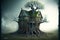 gloomy mysterious abandoned house with trees sprouted to roof