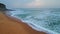 Gloomy ocean sand beach landscape aerial view. Stormy sea surf waves coastline