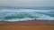 Gloomy ocean surf horizon close up. Serene sea coast with foaming grey waves