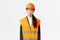 Gloomy and offended young asian female construction manager, industrial woman in safety helmet complaining or whining