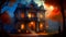 A gloomy residence with huge black spiders, where a glowing Halloween pumpkin lantern creates ghostly shadows on the walls