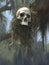 A gloomy skull with long strands of Spanish moss hanging from its bony jaws. Gothic art. AI generation