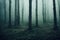 Gloomy, spooky, foggy dark forest landscape. Surreal mysterious horror forest background