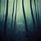 Gloomy, spooky, foggy dark forest landscape. Surreal mysterious horror forest background